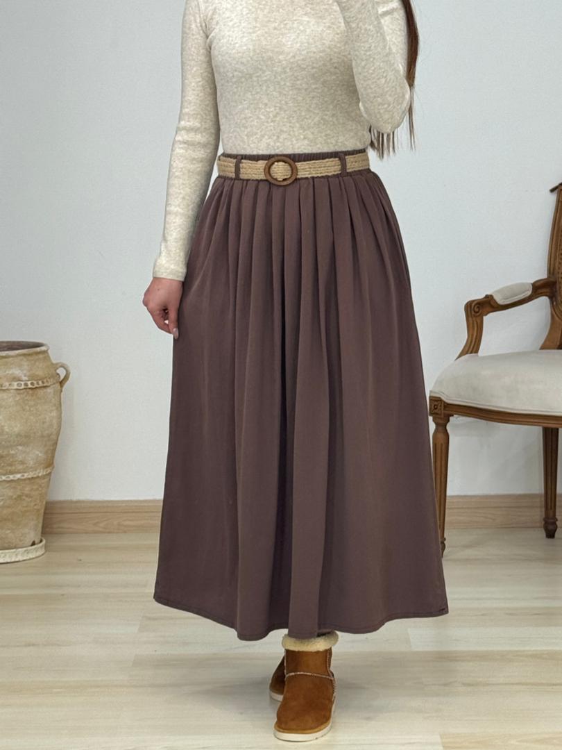 دامن کتان پاییزه همراه کمربند کد 12929